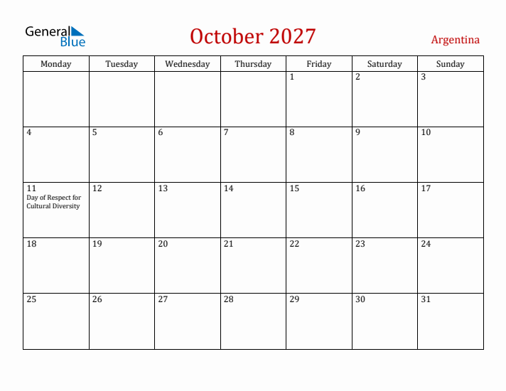 Argentina October 2027 Calendar - Monday Start
