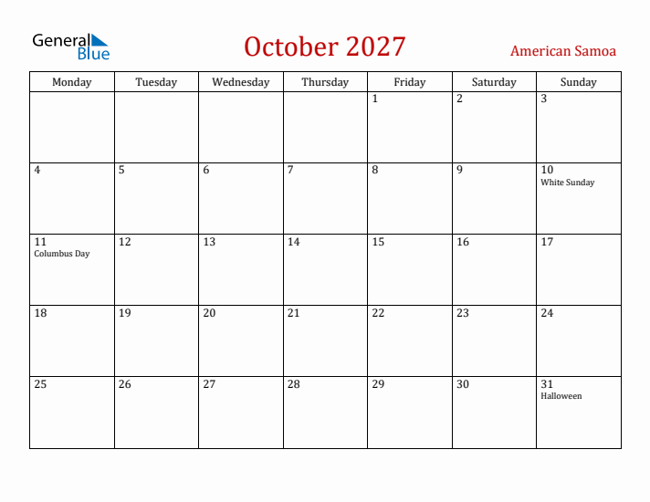 American Samoa October 2027 Calendar - Monday Start