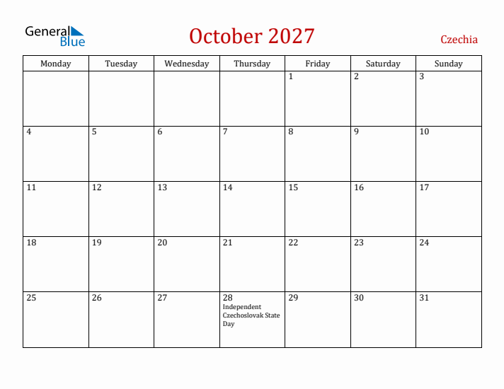 Czechia October 2027 Calendar - Monday Start
