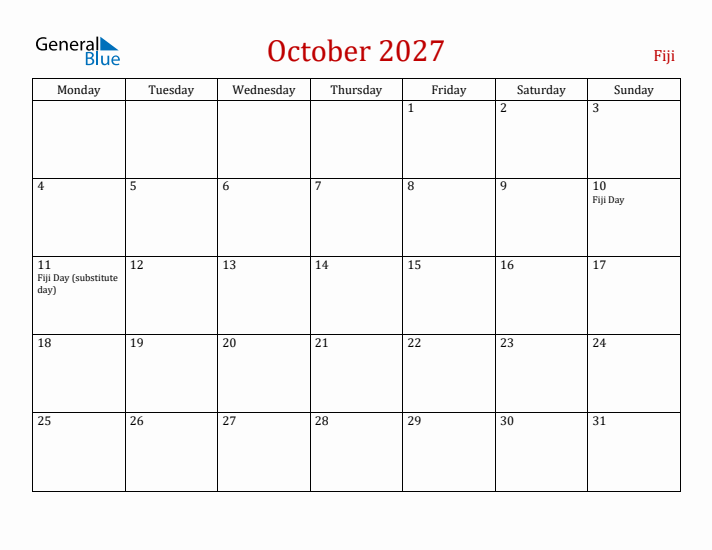 Fiji October 2027 Calendar - Monday Start