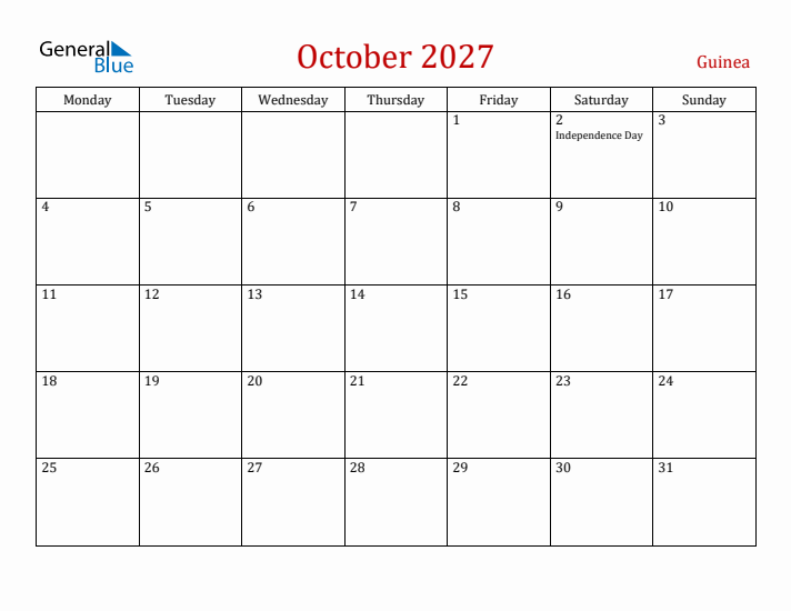 Guinea October 2027 Calendar - Monday Start