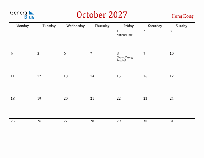 Hong Kong October 2027 Calendar - Monday Start
