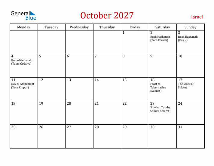 Israel October 2027 Calendar - Monday Start