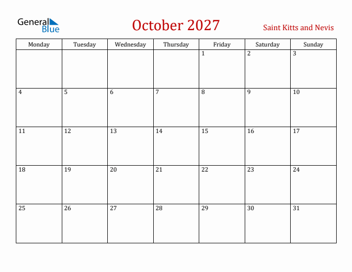 Saint Kitts and Nevis October 2027 Calendar - Monday Start