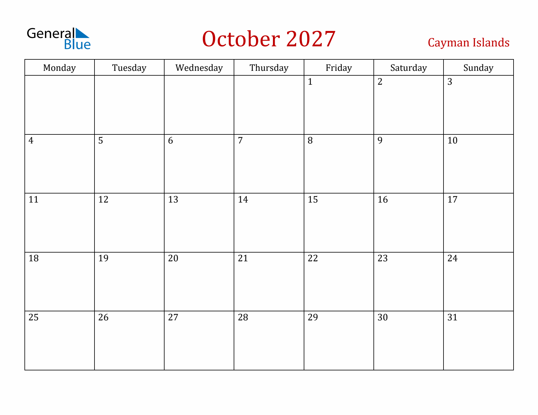 Cayman Islands October 2027 Calendar - Monday Start
