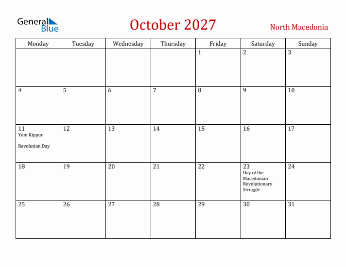 North Macedonia October 2027 Calendar - Monday Start