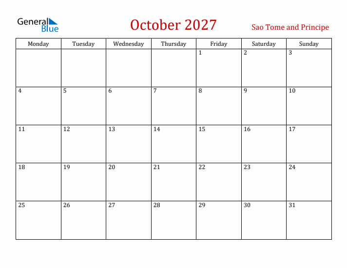 Sao Tome and Principe October 2027 Calendar - Monday Start