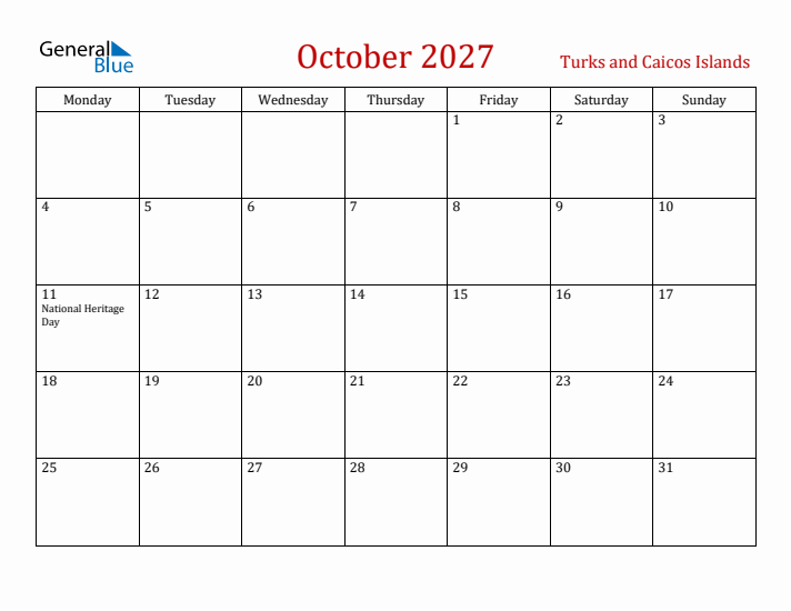 Turks and Caicos Islands October 2027 Calendar - Monday Start