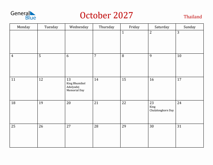 Thailand October 2027 Calendar - Monday Start