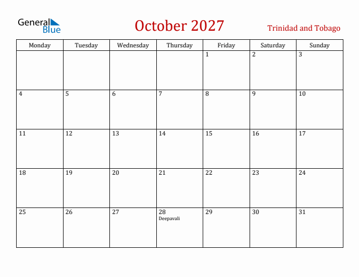 Trinidad and Tobago October 2027 Calendar - Monday Start