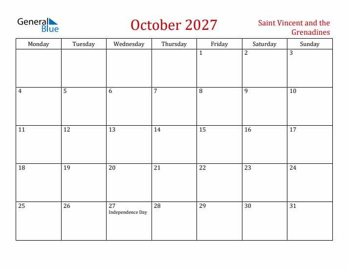 Saint Vincent and the Grenadines October 2027 Calendar - Monday Start