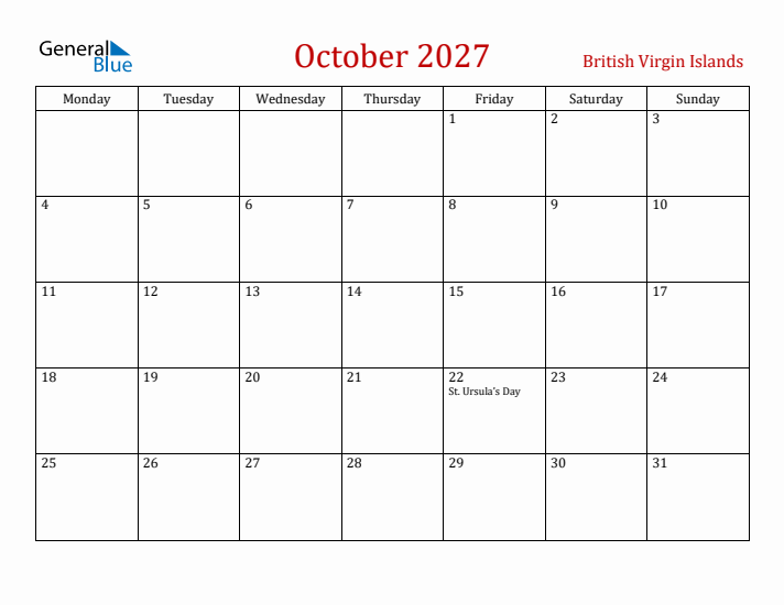 British Virgin Islands October 2027 Calendar - Monday Start