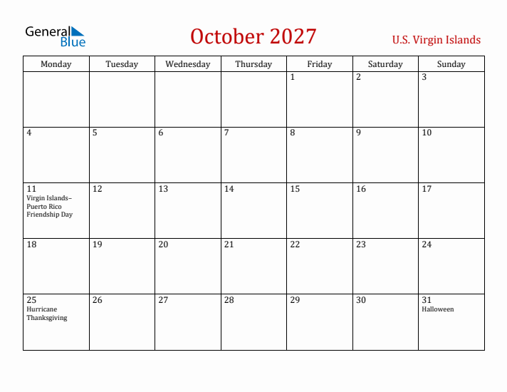 U.S. Virgin Islands October 2027 Calendar - Monday Start