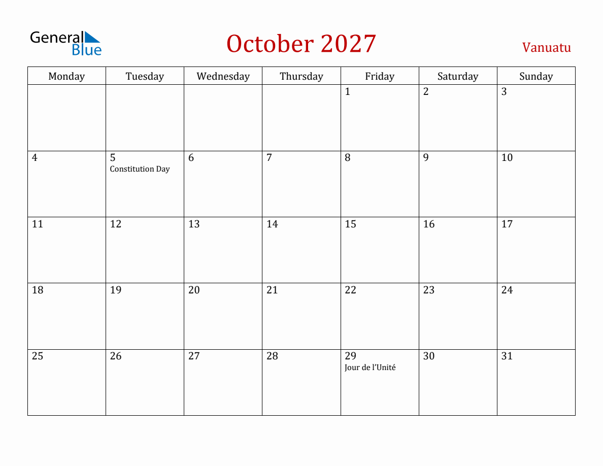 October 2027 Vanuatu Monthly Calendar with Holidays (Monday Start)
