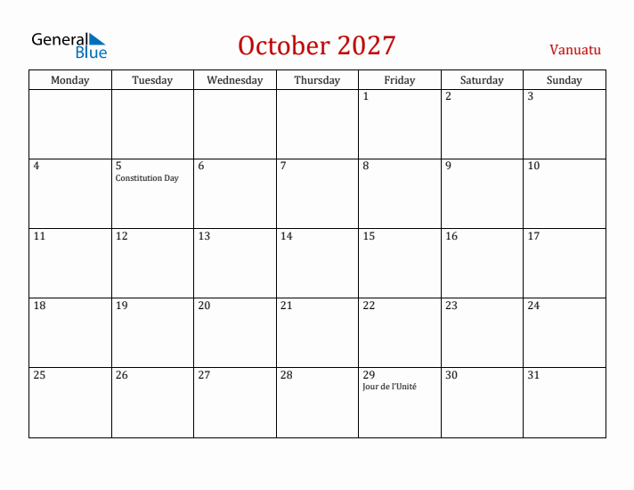Vanuatu October 2027 Calendar - Monday Start