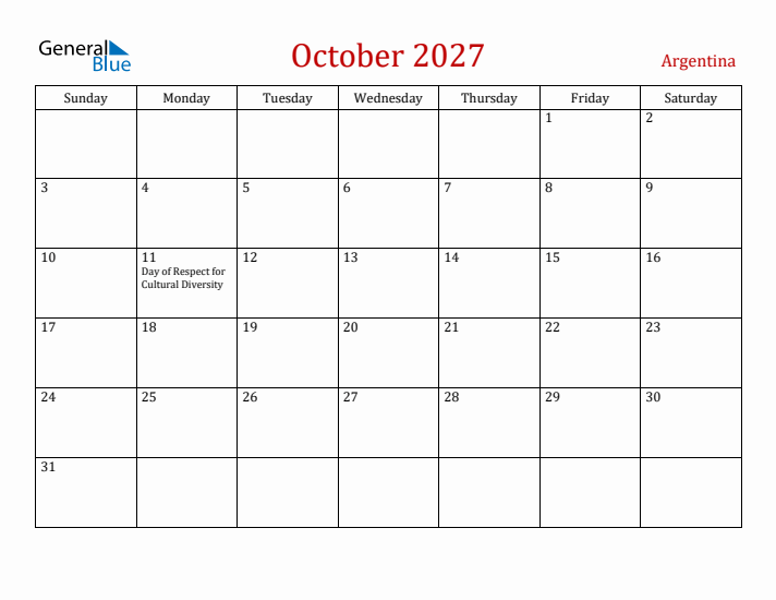 Argentina October 2027 Calendar - Sunday Start