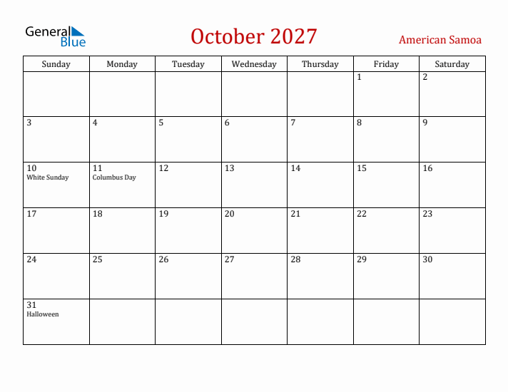 American Samoa October 2027 Calendar - Sunday Start