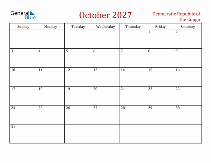 Democratic Republic of the Congo October 2027 Calendar - Sunday Start