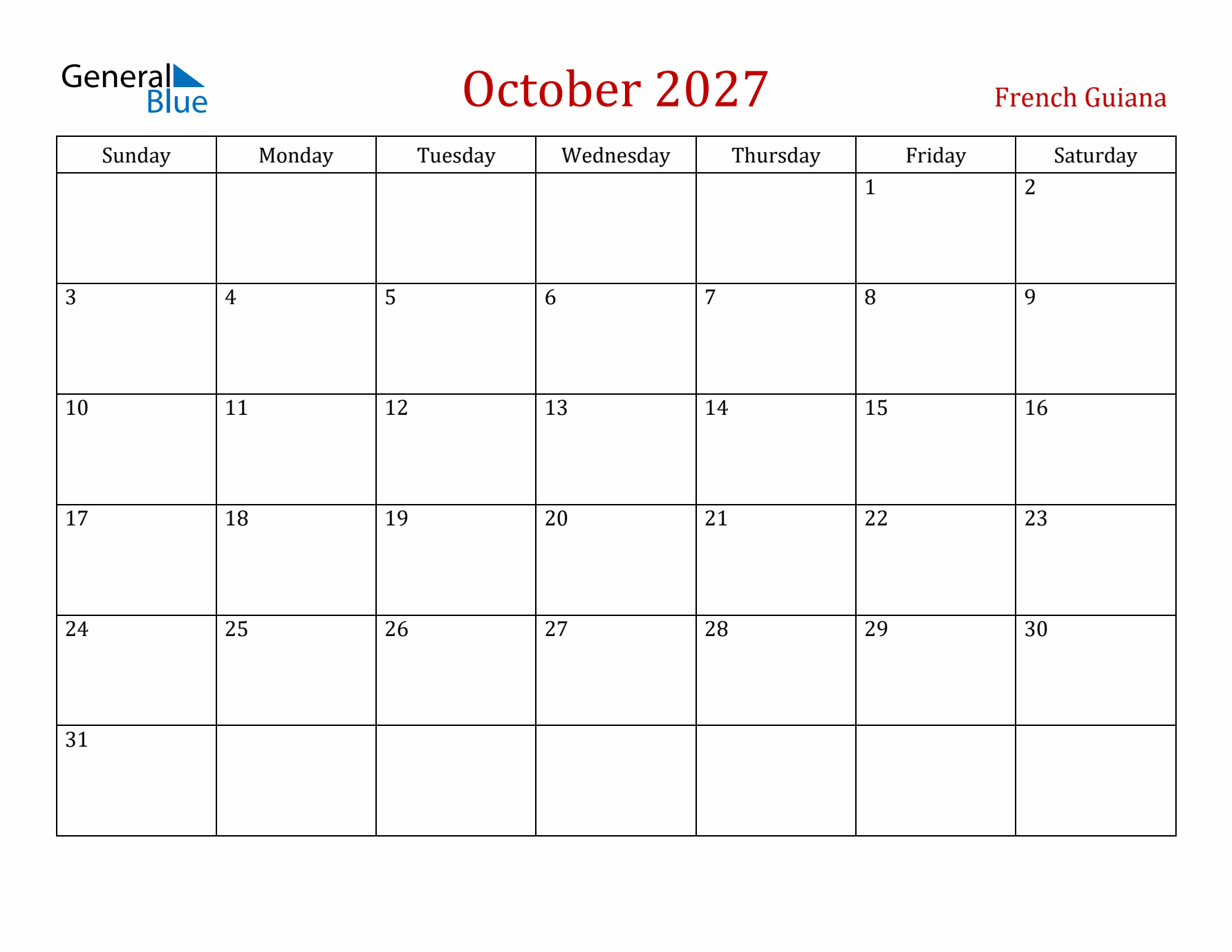French Guiana October 2027 Calendar - Sunday Start
