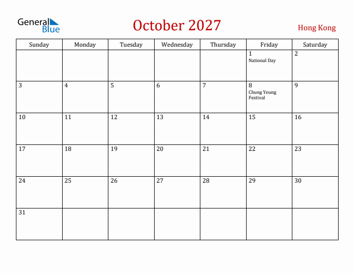 Hong Kong October 2027 Calendar - Sunday Start