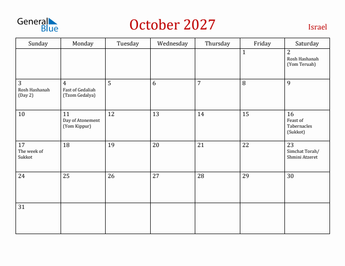 Israel October 2027 Calendar - Sunday Start