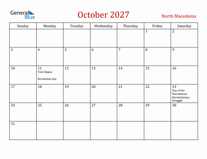 North Macedonia October 2027 Calendar - Sunday Start