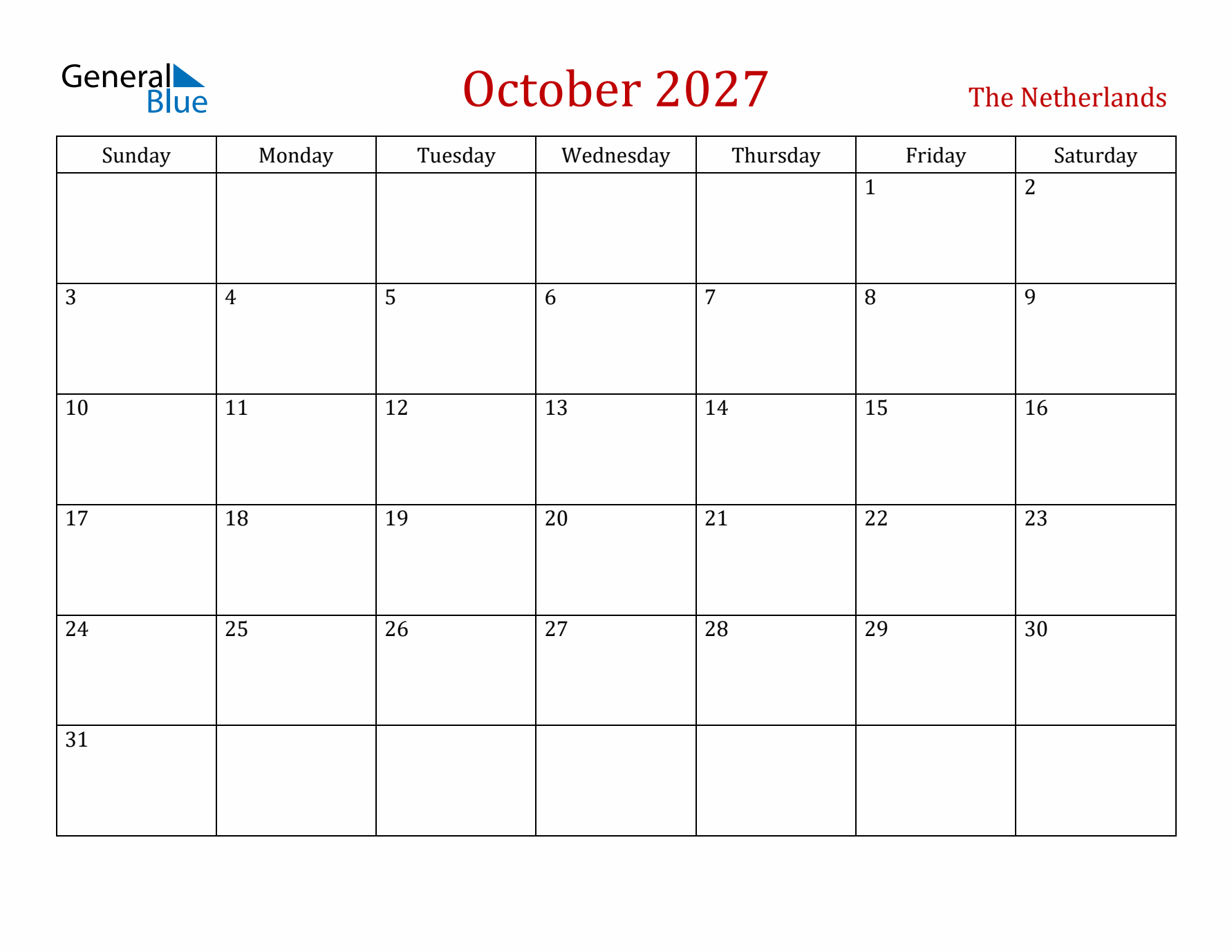 The Netherlands October 2027 Calendar - Sunday Start