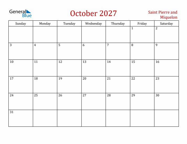 Saint Pierre and Miquelon October 2027 Calendar - Sunday Start