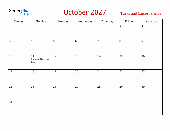 Turks and Caicos Islands October 2027 Calendar - Sunday Start
