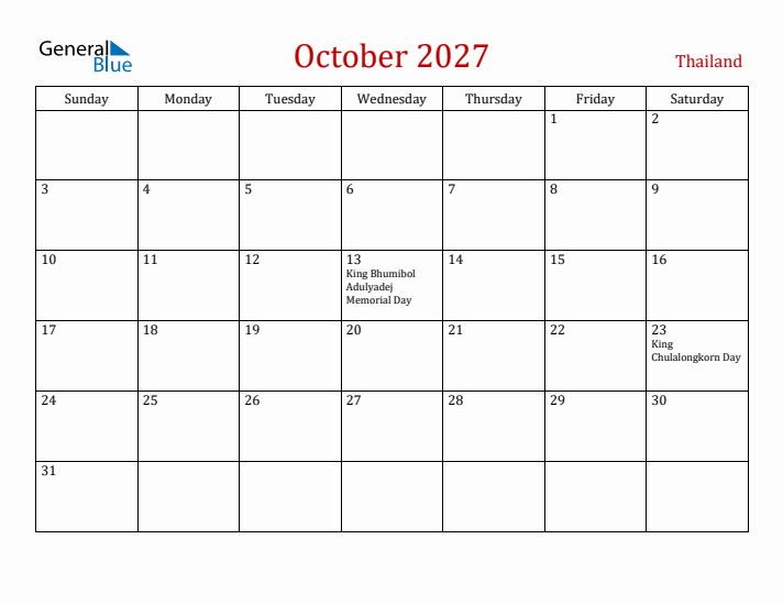 Thailand October 2027 Calendar - Sunday Start