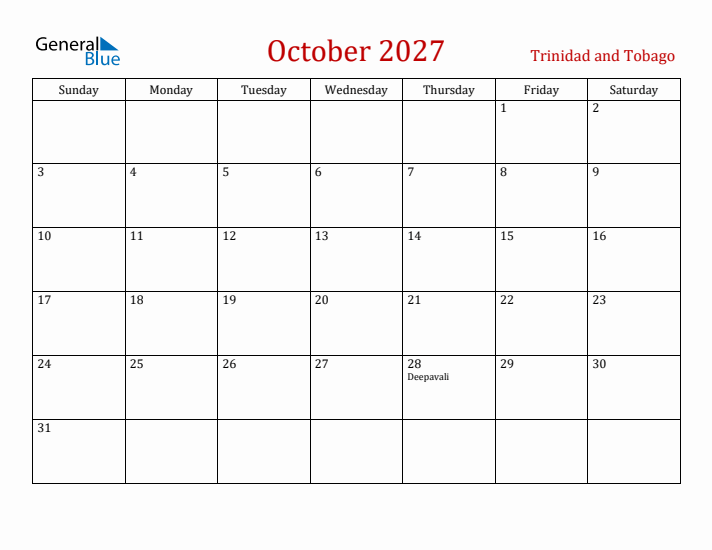 Trinidad and Tobago October 2027 Calendar - Sunday Start