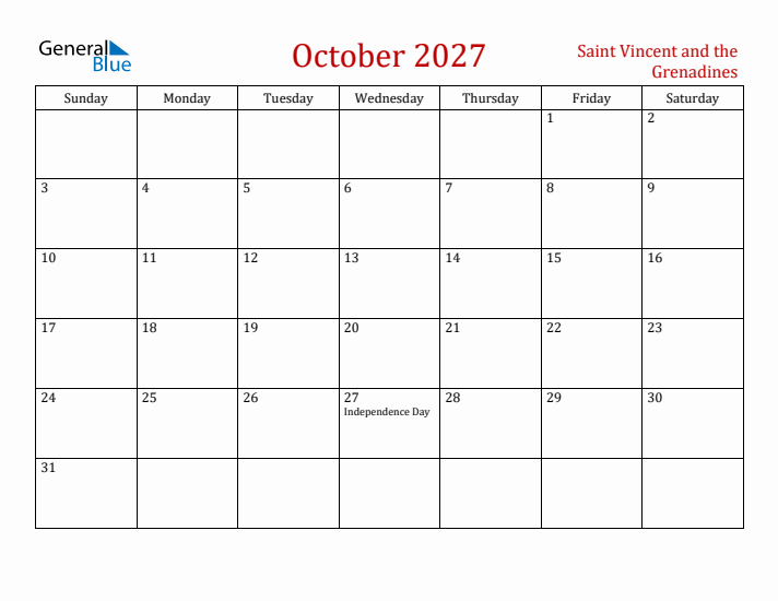 Saint Vincent and the Grenadines October 2027 Calendar - Sunday Start