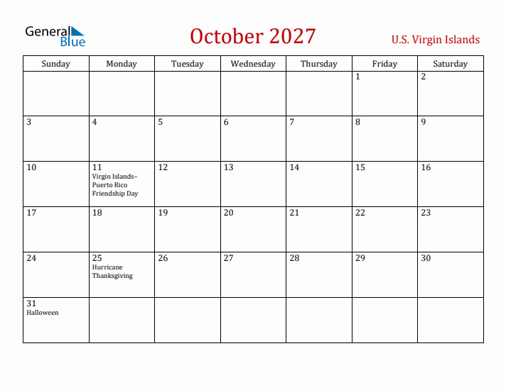 U.S. Virgin Islands October 2027 Calendar - Sunday Start