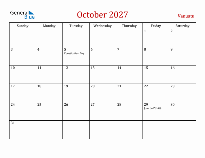 Vanuatu October 2027 Calendar - Sunday Start