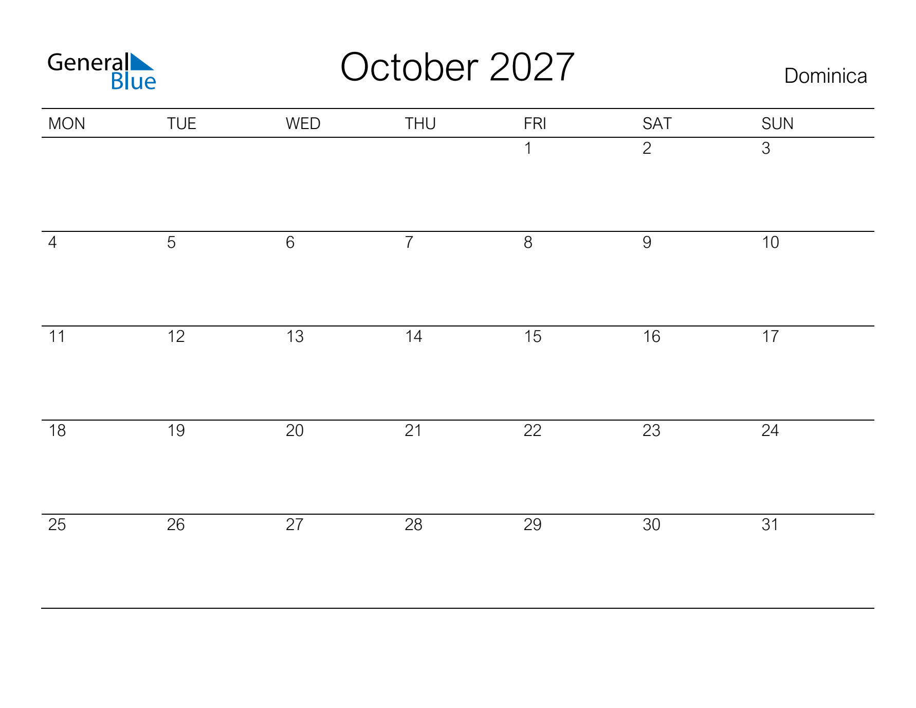 Printable October 2027 Calendar for Dominica