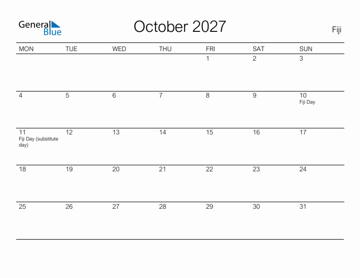 Printable October 2027 Calendar for Fiji
