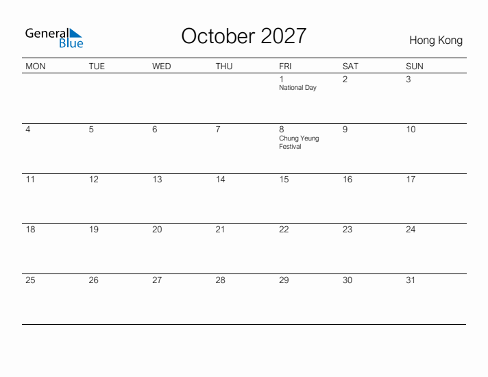 Printable October 2027 Calendar for Hong Kong