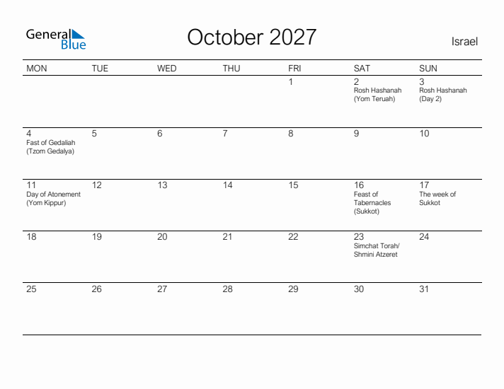 Printable October 2027 Calendar for Israel