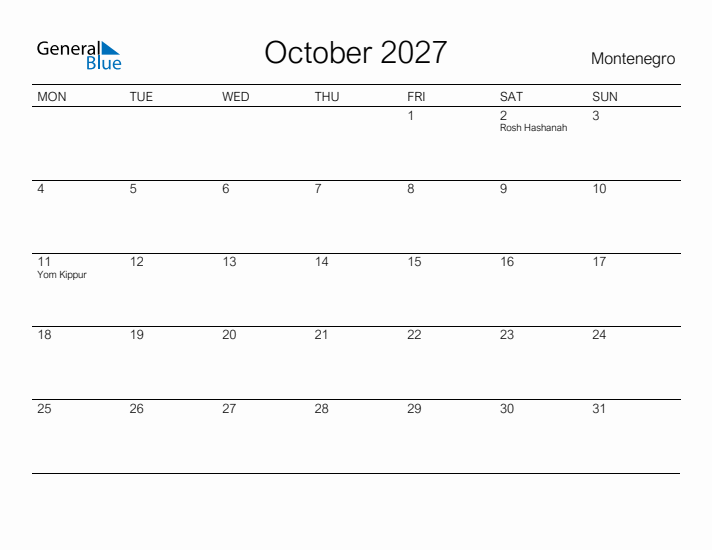 Printable October 2027 Calendar for Montenegro