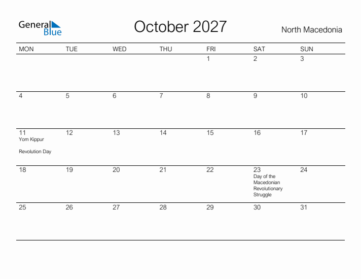 Printable October 2027 Calendar for North Macedonia