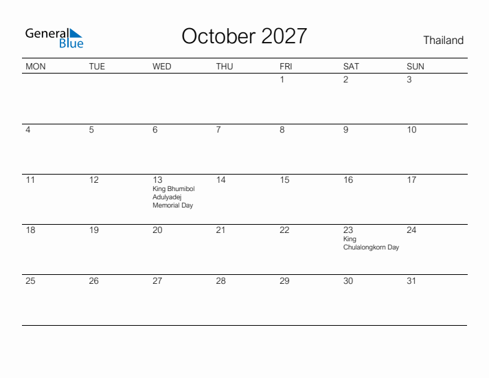 Printable October 2027 Calendar for Thailand