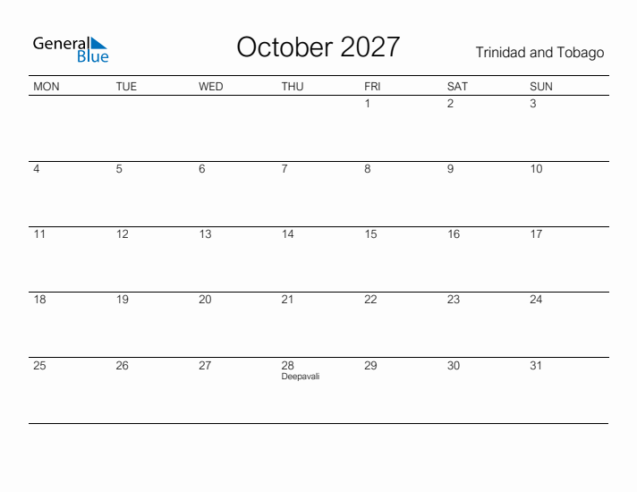 Printable October 2027 Calendar for Trinidad and Tobago