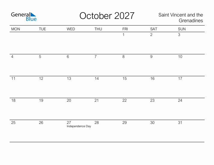 Printable October 2027 Calendar for Saint Vincent and the Grenadines