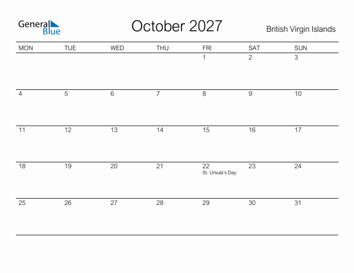 Printable October 2027 Calendar for British Virgin Islands