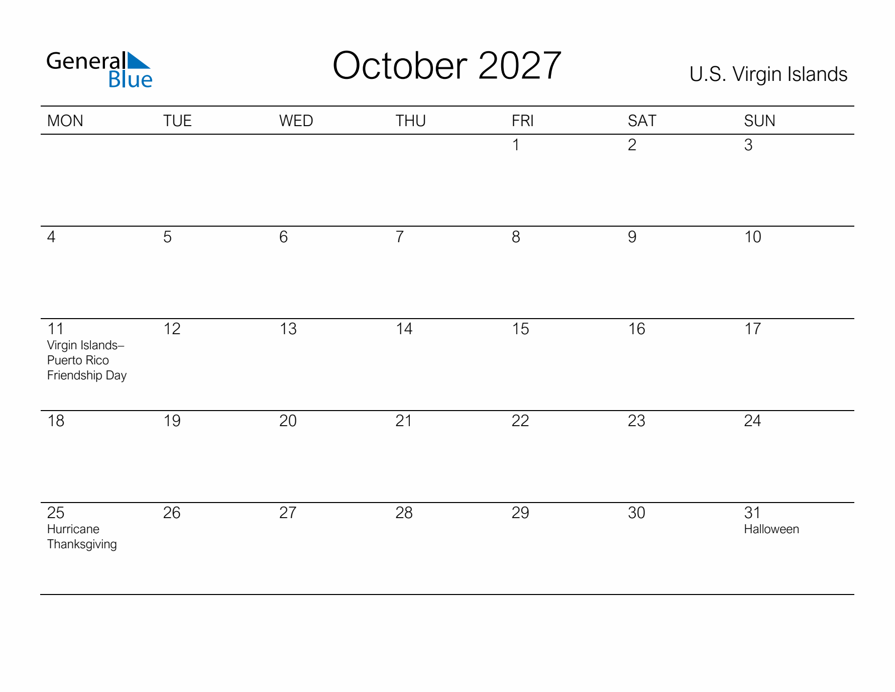 Printable October 2027 Calendar for U.S. Virgin Islands