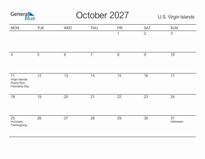 Printable October 2027 Calendar for U.S. Virgin Islands