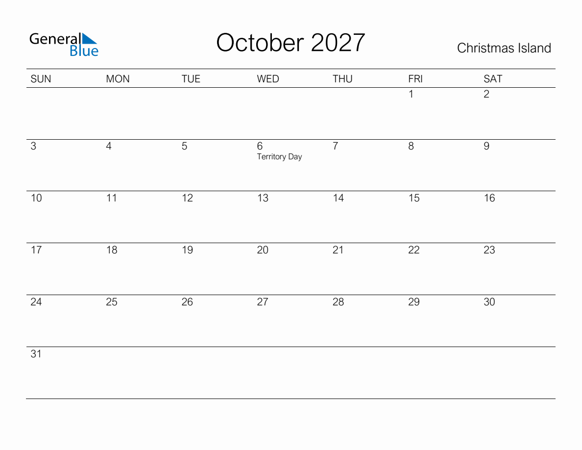 Printable October 2027 Monthly Calendar with Holidays for Christmas Island