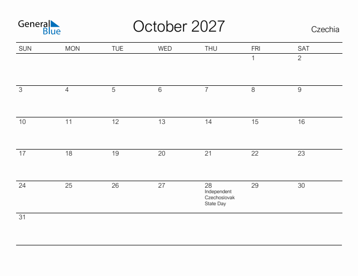 Printable October 2027 Calendar for Czechia