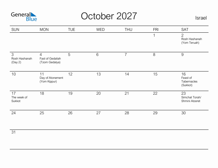 Printable October 2027 Calendar for Israel