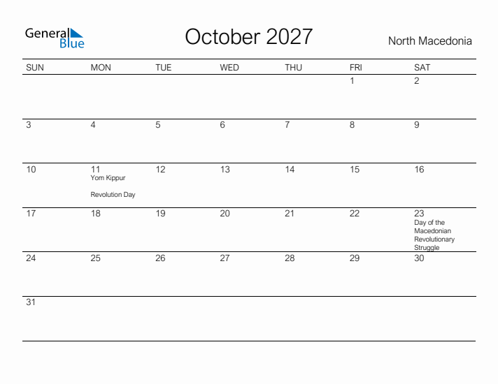 Printable October 2027 Calendar for North Macedonia